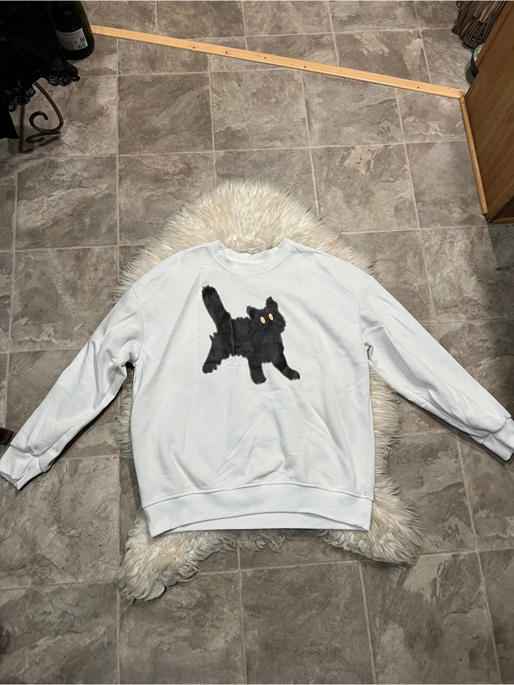 White Crewneck Sweatshirt with Black Cat Graphic Halloween Cozy Soft
